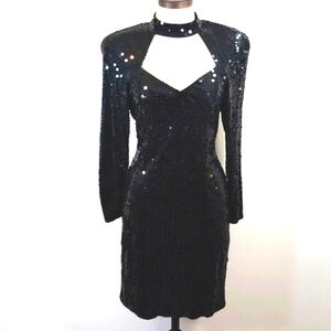 Vintage Lime Nite sequin, midi dress w open back & statement shoulders. Size 12.